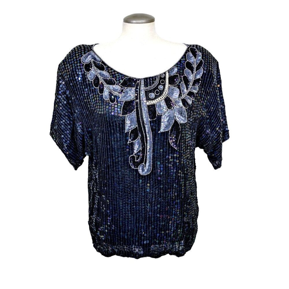 Vintage Sequin Silk Blouse Large Black Floral Florian Collection by Gabrielle